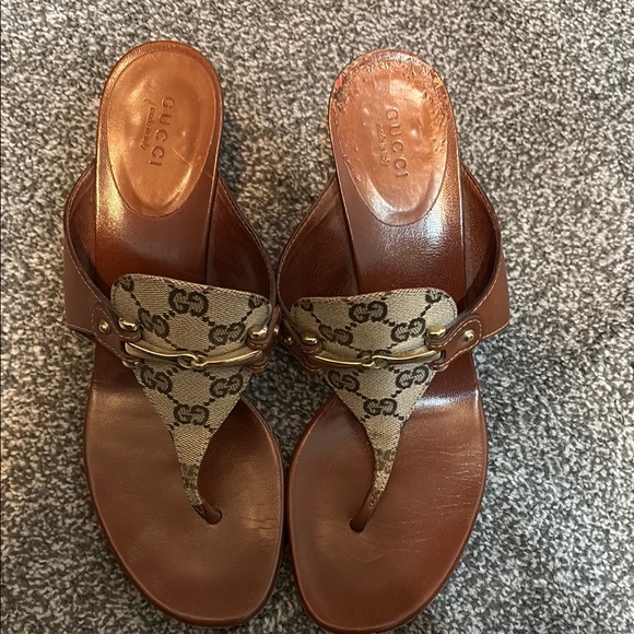 Gucci Brown Monogram Sandals with Leather Footbed - Picture 1 of 3